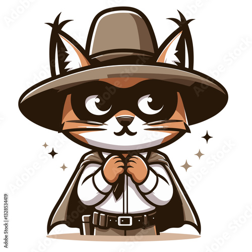 Cat superhero with mask and cape in detective hat. Vector illustration perfect for mystery adventure stories and secret identity character concepts.