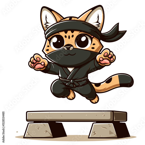 Cat ninja jumping over stone obstacle with mask. Vector illustration perfect for martial arts action and stealthy character design concepts.