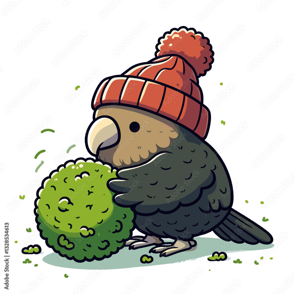 Fototapeta premium Kiwi bird with winter hat sculpting green bush. Vector illustration perfect for gardening art and topiary craft character design concepts.