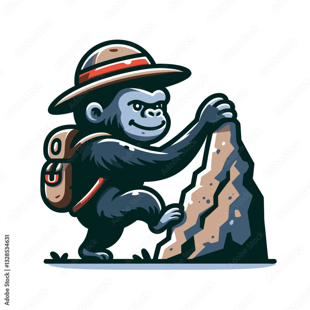Gorilla explorer climbing rock with backpack. Vector illustration perfect for adventure tourism and wildlife expedition character concepts. Gorilla explorer climbing rock with backpack. Vector illustration perfect for adventure tourism and wildlife expedition character concepts.