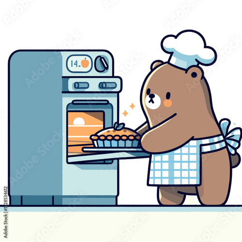 Bear baker removing pie from oven with chef hat. Vector illustration perfect for cooking shows and baking business branding concepts.
