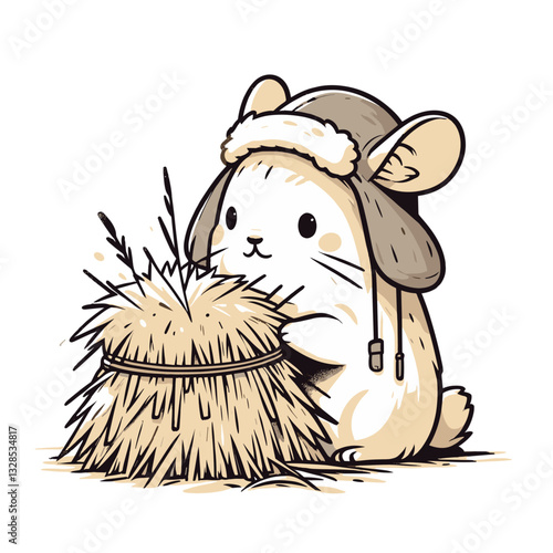Mouse farmer with hay bale wearing winter hat. Vector illustration perfect for harvest season and agricultural character design concepts.