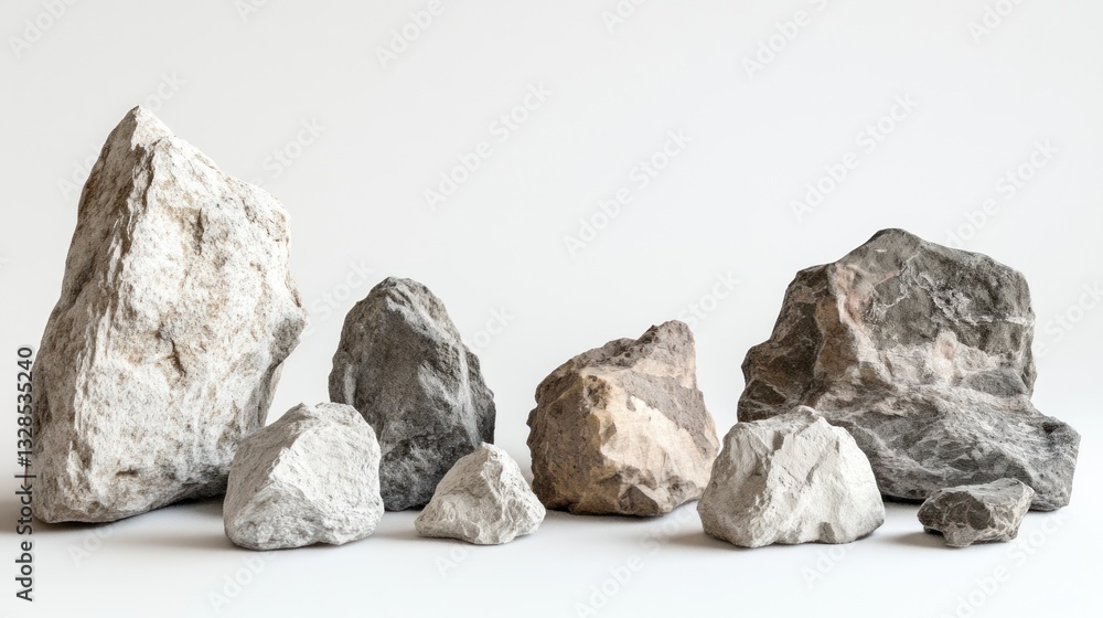 Assorted rocks of various shades and sizes on a plain white background. Assorted rocks of various shades and sizes on a plain white background.