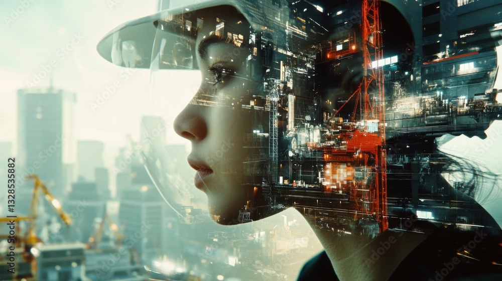 Young Female Worker in Hard Hat Cityscape Double Exposure Young Female Worker in Hard Hat Cityscape Double Exposure