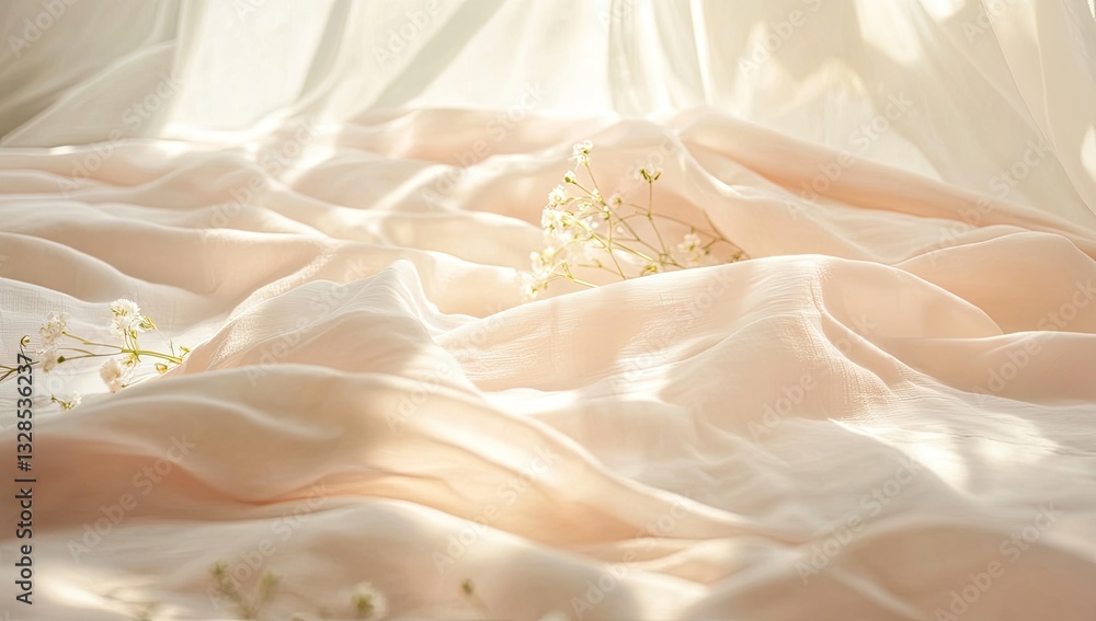Soft peach linen bedding with flowers, sunlight Soft peach linen bedding with flowers, sunlight