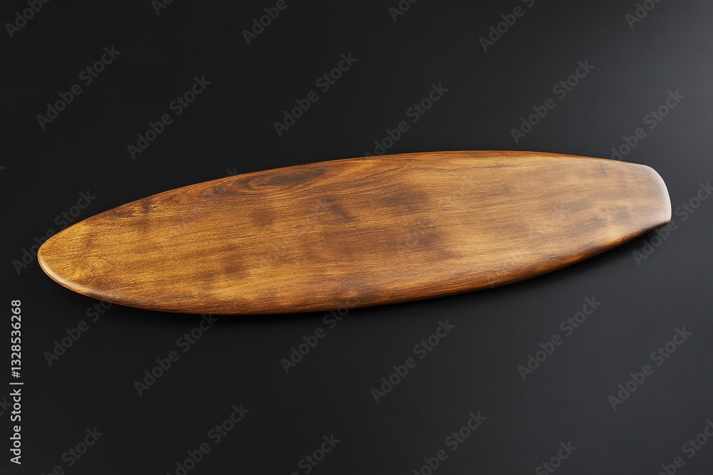 A long oval shaped wooden serving platter on dark background A long oval shaped wooden serving platter on dark background