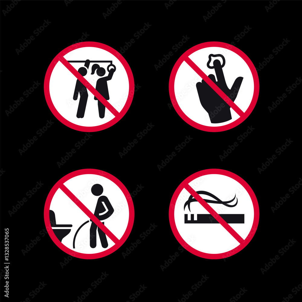 Prohibited signs, forbidden round stickers set, vector icons. Prohibited signs, forbidden round stickers set, vector icons.