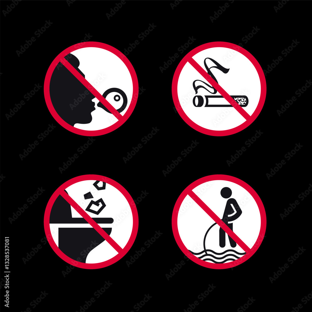 Prohibited signs, forbidden round stickers set, vector icons. Prohibited signs, forbidden round stickers set, vector icons.