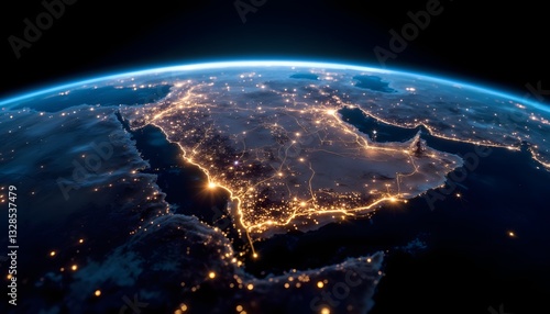 A stunning 3D illustration of Saudi Arabia illuminated from space at night