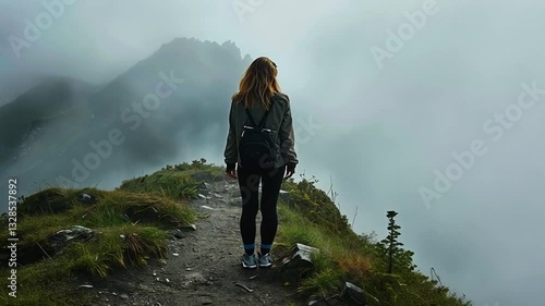 Wanderin geht durch neblige Berglandschaft auf einem schmalen Pfad