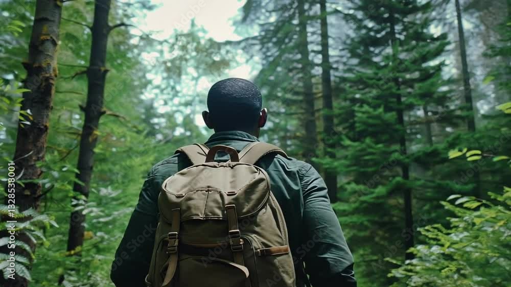 Mann mit Rucksack wandert durch den dichten Wald Mann mit Rucksack wandert durch den dichten Wald