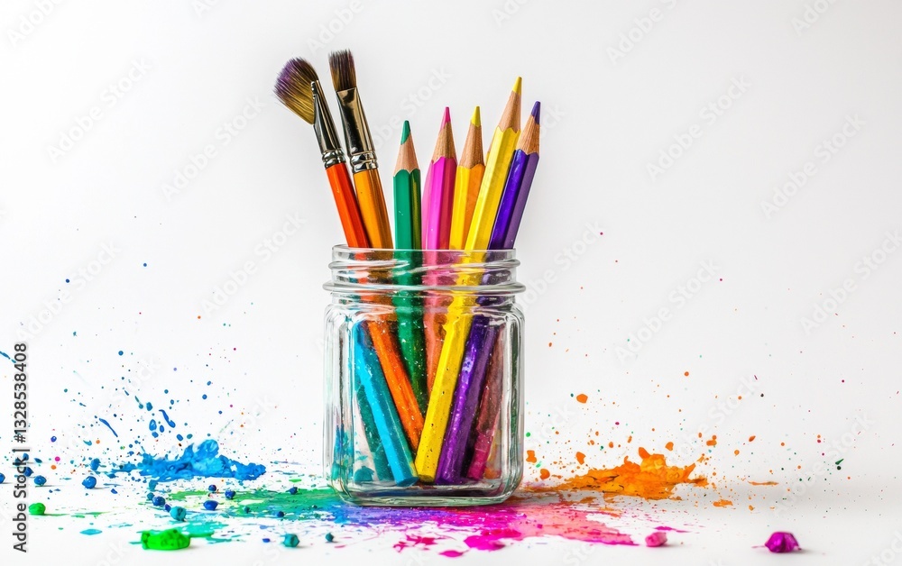 Fototapeta premium Brightly colored art supplies arranged in a jar with splashes of paint on a white background