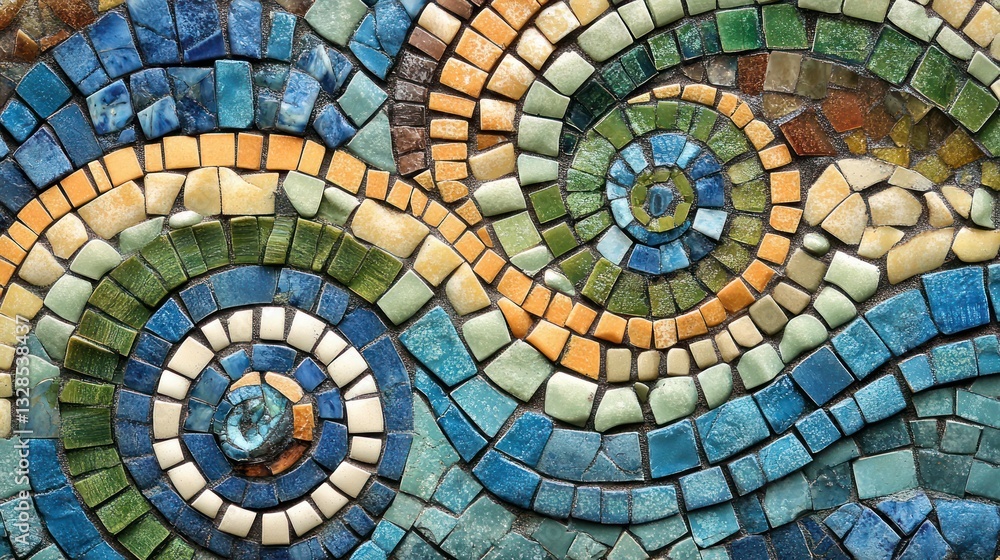 Fototapeta premium Vibrant mosaic tile pattern with swirling circles and flowing lines.