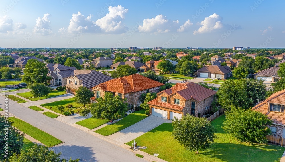 Obraz premium Aerial View of Suburban Neighborhood with Well-Maintained Houses and Lush Green Lawns Under Bright Blue Sky in a Sunny Day