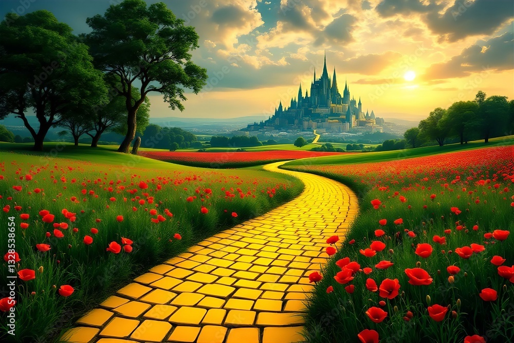 Fototapeta premium Yellow Brick Road to Emerald City: Wizard of Oz Inspired Fantasy Landscape with Poppies and Golden Sunset Art Print