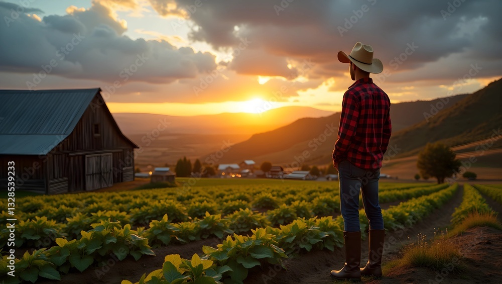 Fototapeta premium Steadfast Guardian of the Land: A Farmer Amidst a Scenic Farm View