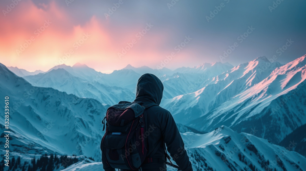 Fototapeta premium Hiker Admiring Sunset Over Snow Capped Mountains