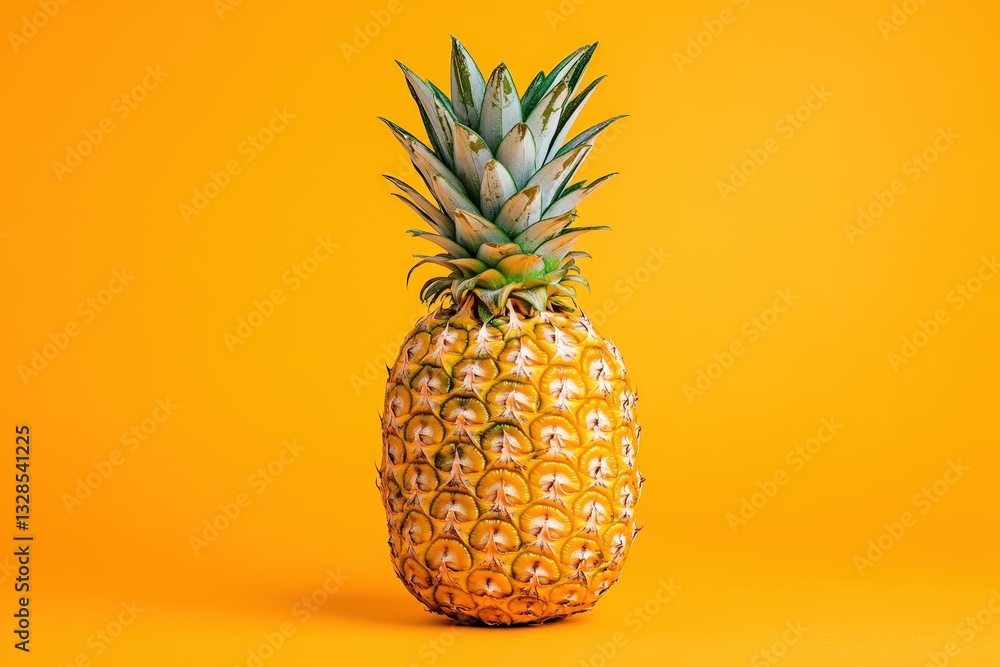 A single pineapple is set against a solid yellow background