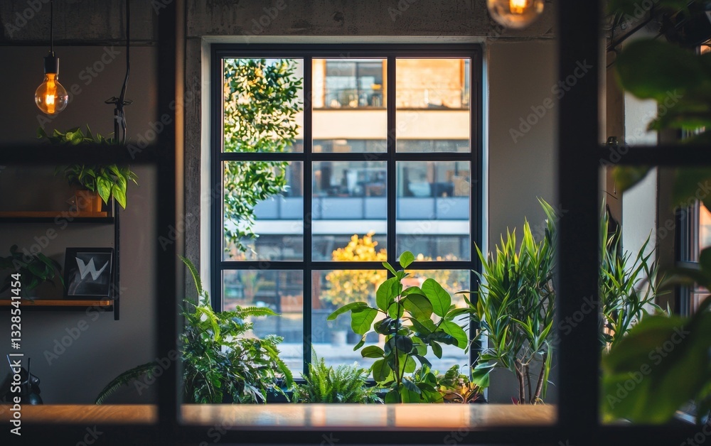Bright indoor garden viewed through large window overlooking modern building exterior with lush greenery Bright indoor garden viewed through large window overlooking modern building exterior with lush greenery