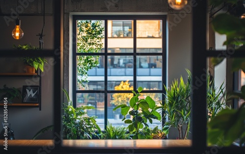 Wallpaper Mural Bright indoor garden viewed through large window overlooking modern building exterior with lush greenery Torontodigital.ca