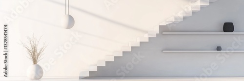 Wallpaper Mural Minimalist white interior with stairs, shelves, and decor. Torontodigital.ca