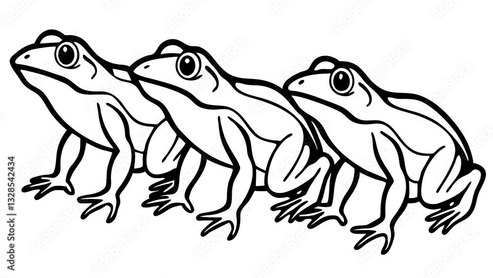 Fototapeta premium Three Friendly Frogs Sitting Together In A Simple, Bold Line Drawing Style