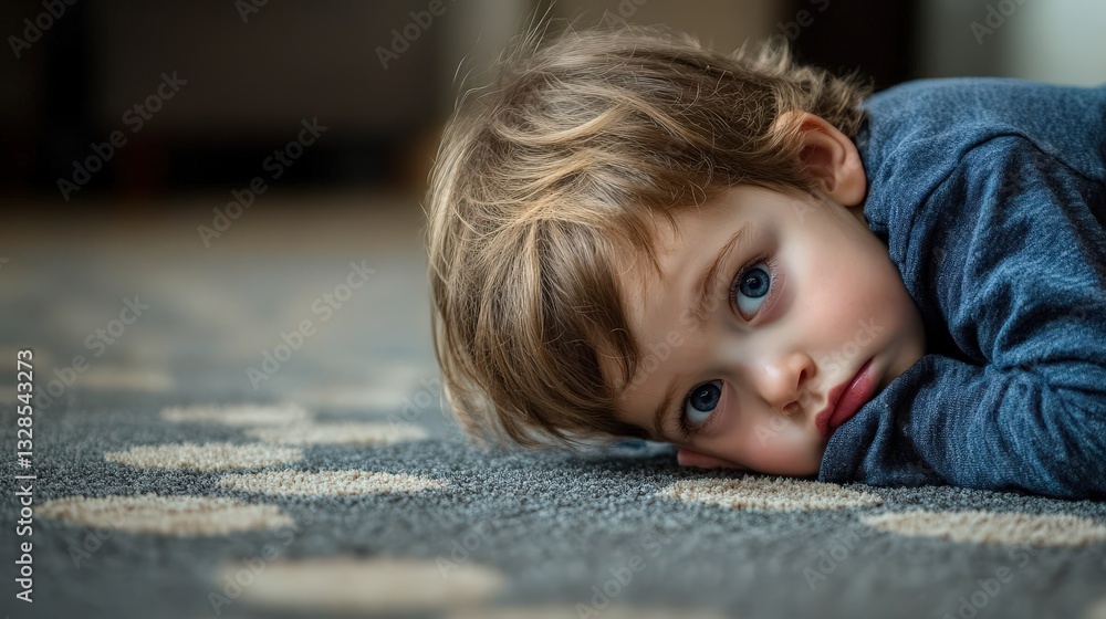 Fototapeta premium Child demonstrates resilience after a fall while playing indoors and prepares to try again with determination