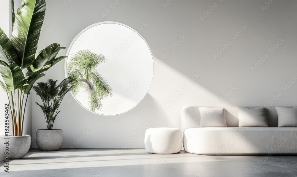 Minimalist white living room with round window, plants, and sofa. Minimalist white living room with round window, plants, and sofa.