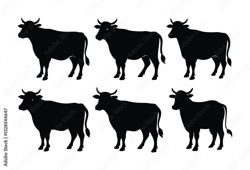 Simple Black and White Silhouettes of Cows set Simple Black and White Silhouettes of Cows set