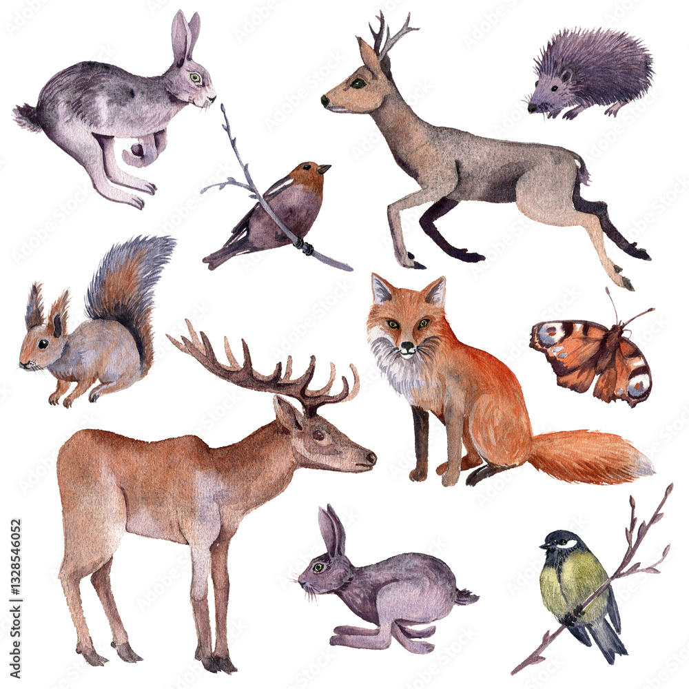 Obraz premium watercolor drawing forest animals, birds and butterfly isolated at white background, hand drawn illustration