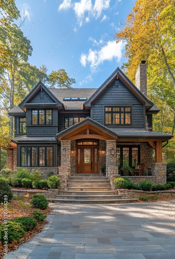 Beautiful Modern Home Surrounded by Trees with Stone Facade and Inviting Entrance in Autumn Setting with Clear Blue Sky and Golden Leaves Beautiful Modern Home Surrounded by Trees with Stone Facade and Inviting Entrance in Autumn Setting with Clear Blue Sky and Golden Leaves