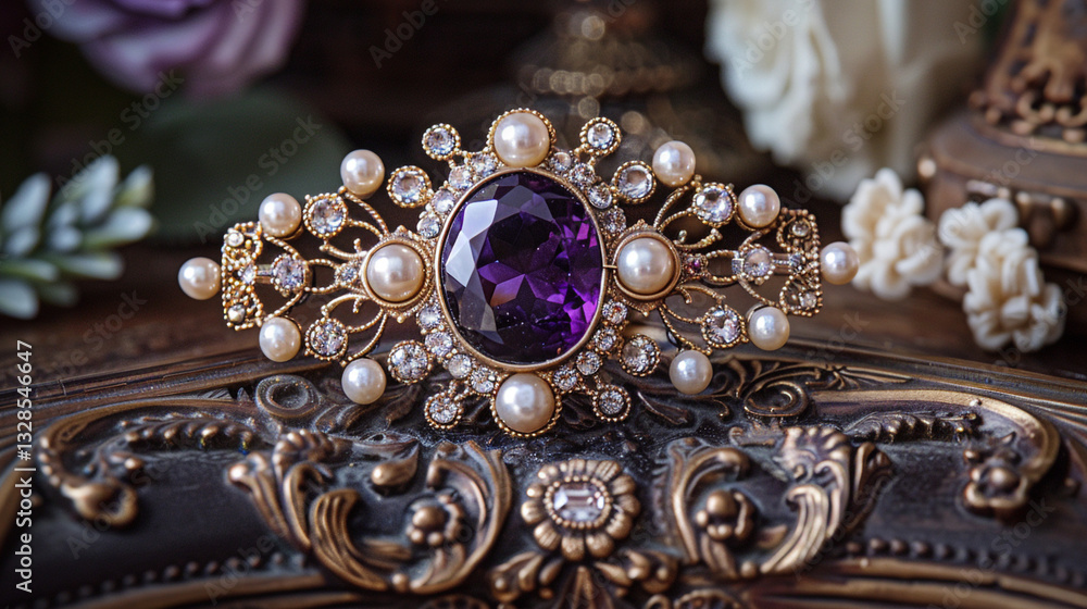 Obraz premium A regal Victorian brooch adorned with amethyst stones and pearl accents, placed on an antique wooden dresser with lace detailing in the background.