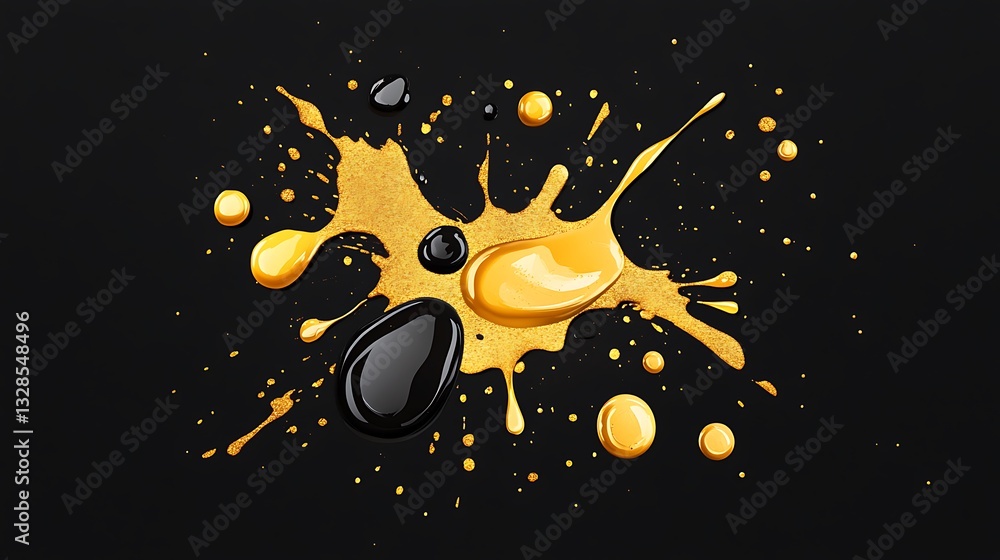 Fototapeta premium Golden and Black Liquid Splashes on Dark Background: Abstract Art Photography AI Generated