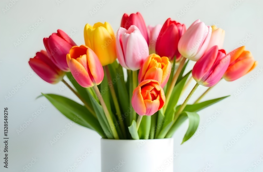 Fototapeta premium Yellow, red, white tulips on a white background.