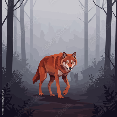 Wolf Walking Through a Dark and Misty Forest Illustration