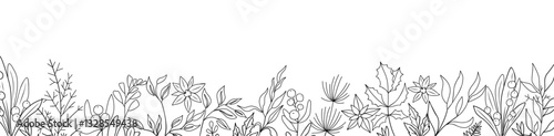 Wild winter flowers, plants border. Horizontal banner, backdrop with mistletoe, holly leaves. Botanical monochrome ink sketch style hand drawn vector illustration isolated