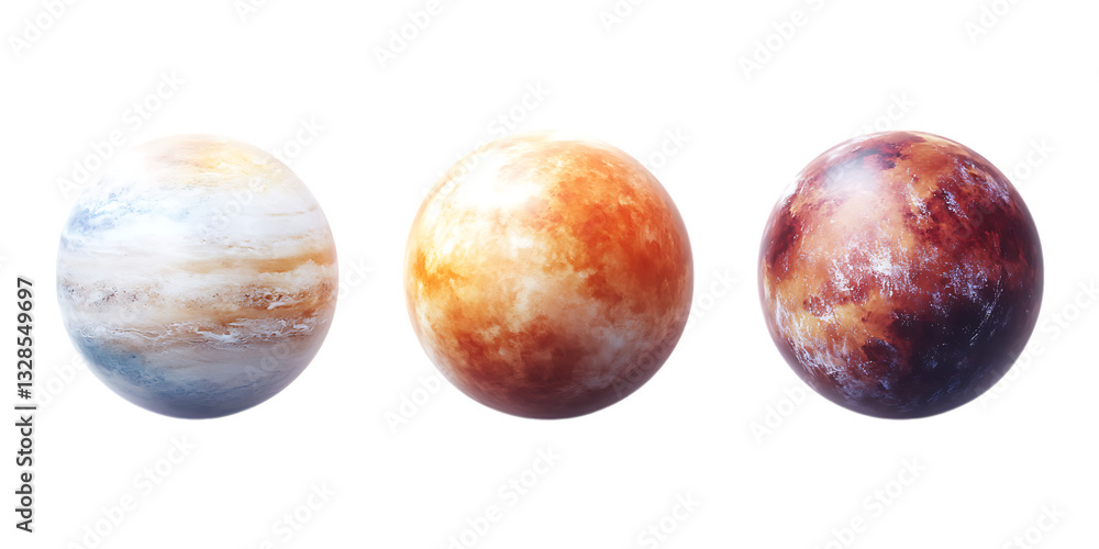 Fototapeta premium Pack Exoplanet Set in Different Poses Against Transparent Background for Space Exploration, Sci-Fi Concepts, or Astronomical Research