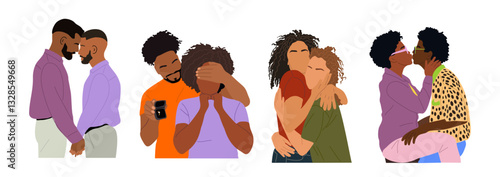Set of different couples in love kissing, hugging. Homosexual, gay couple, lesbian couple engagement, marriage proposal, African American couples. Vector illustration isolated 