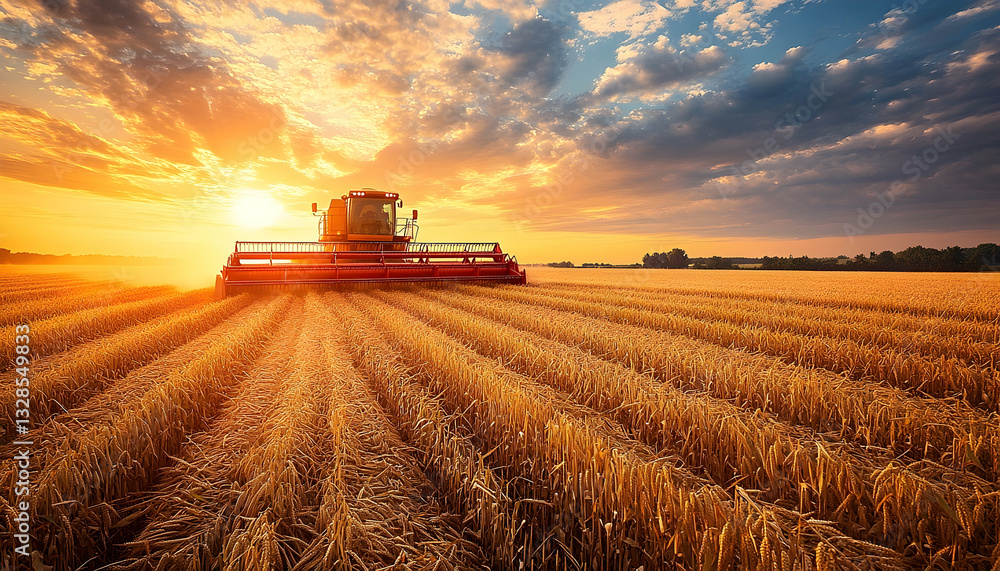 Harvesting wheat field at sunset Harvesting wheat field at sunset