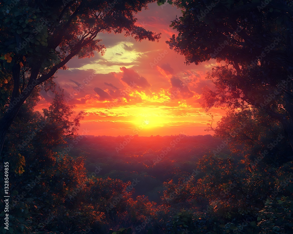 Sunset glowing through a forest canopy the sky lit with warm reds and pinks Sunset glowing through a forest canopy the sky lit with warm reds and pinks