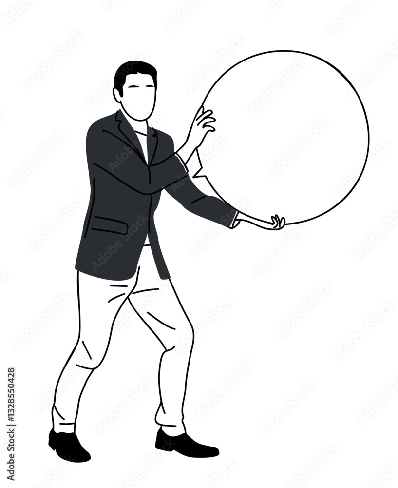 Businessman holding speech bubble circle sign. Man with empty blank round banner. Advertising, communication concept. Hand drawn outline vector illustration isolated Businessman holding speech bubble circle sign. Man with empty blank round banner. Advertising, communication concept. Hand drawn outline vector illustration isolated