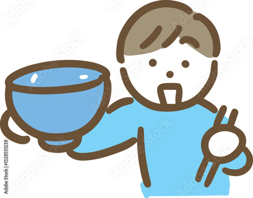 ご飯粒のついた茶碗と箸を持つ私服の若い男性(上半身)