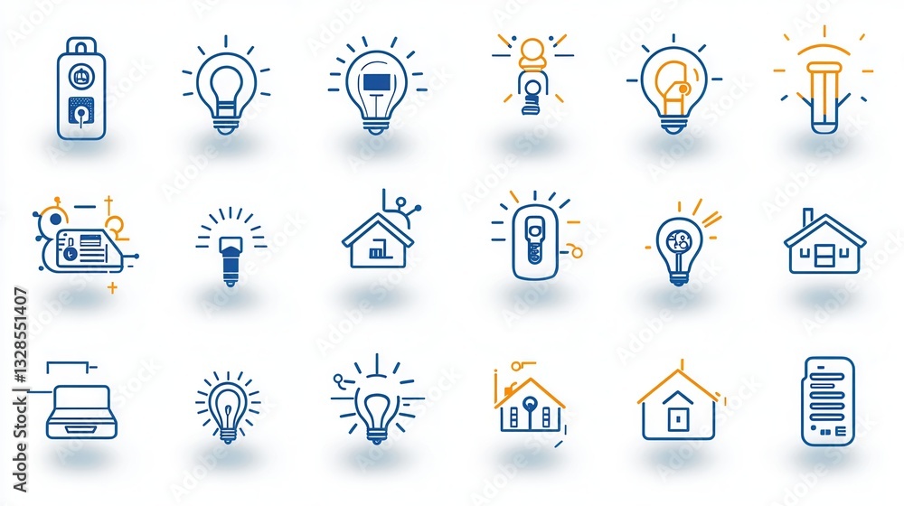 Fototapeta premium A collection of outline icons representing different elements of a modern connected smart home system including home automation energy efficiency security connectivity and intelligent control