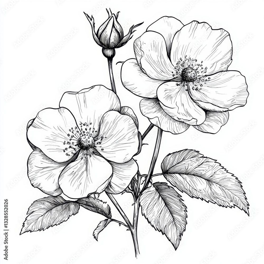 Fototapeta premium Detailed Black and White Sketch of Beautiful Flowers with Buds and Leaves in Elegant Botanical Illustration Style