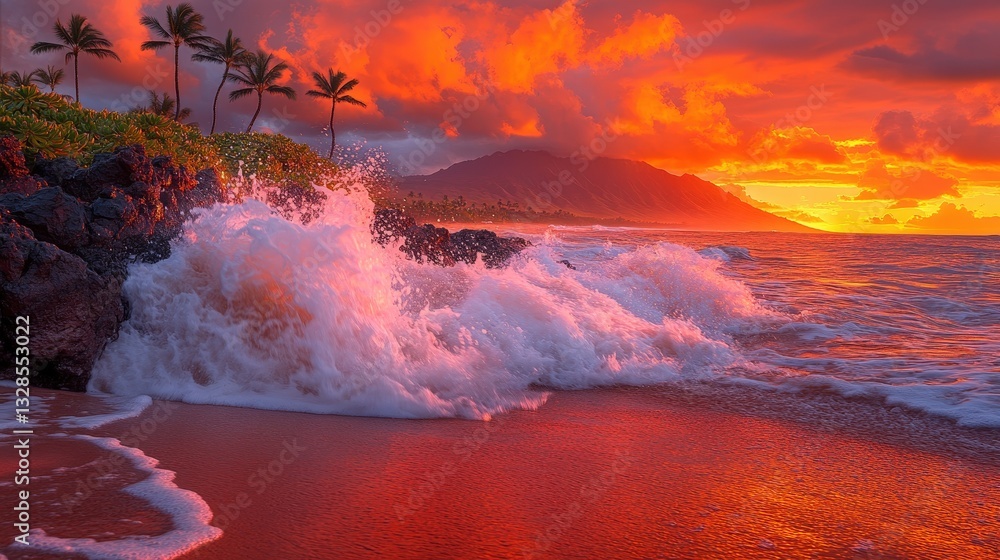 Naklejka premium Sunset waves crash on shore maui landscape photography tropical paradise dramatic view nature's beauty