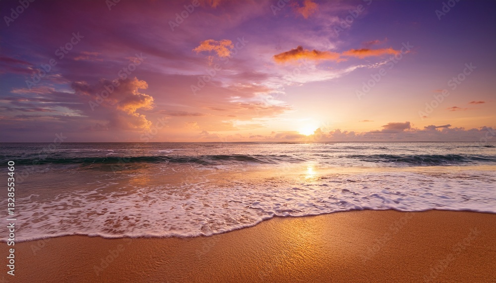 summer vacation at the sea sunny environment beautiful purple pink seascape at sunrise calm waves wash the golden sandy beach fluffy clouds on the sky orange morning light summer vacation at the sea sunny environment beautiful purple pink seascape at sunrise calm waves wash the golden sandy beach fluffy clouds on the sky orange morning light