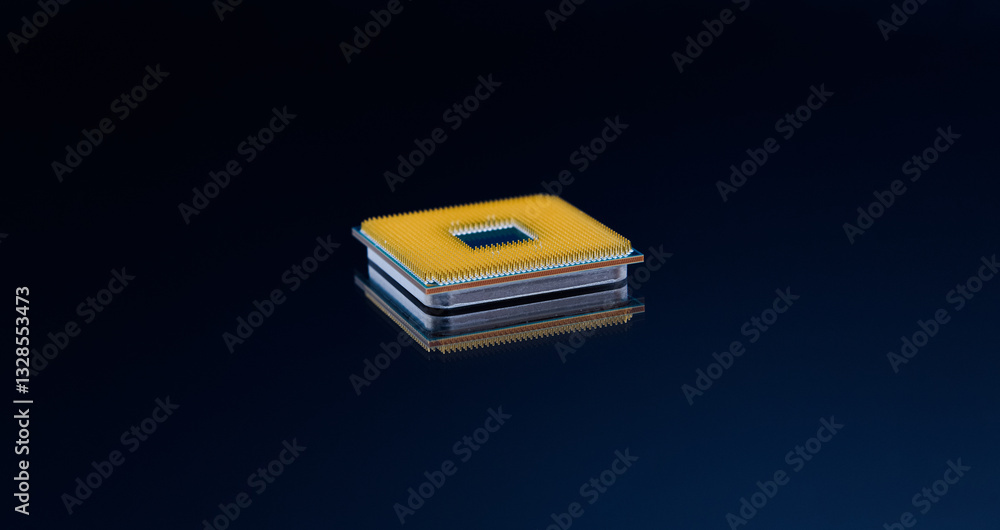 Pin side of CPU Central Processing Unit or microchip computer isolated on dark blue background.