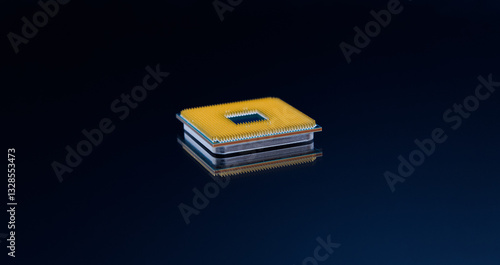 Obraz na płótnie Pin side of CPU Central Processing Unit or microchip computer isolated on dark blue background. w salonie