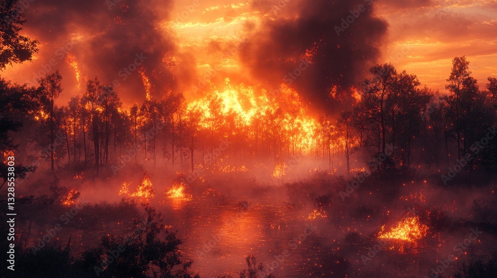 A dramatic scene of a forest fire, with intense flames and smoke against a vibrant sunset, highlighting the destructive power of wildfires. A dramatic scene of a forest fire, with intense flames and smoke against a vibrant sunset, highlighting the destructive power of wildfires.