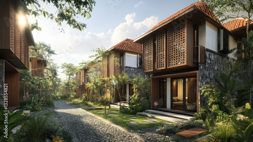 A serene residential area featuring modern homes surrounded by lush greenery and a tranquil pathway.